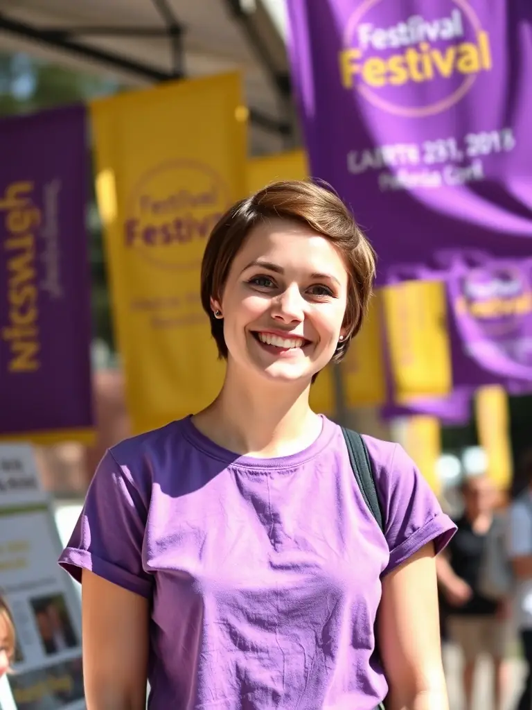 A photograph of a smiling event staff member assisting attendees at the information booth, showcasing helpful support.