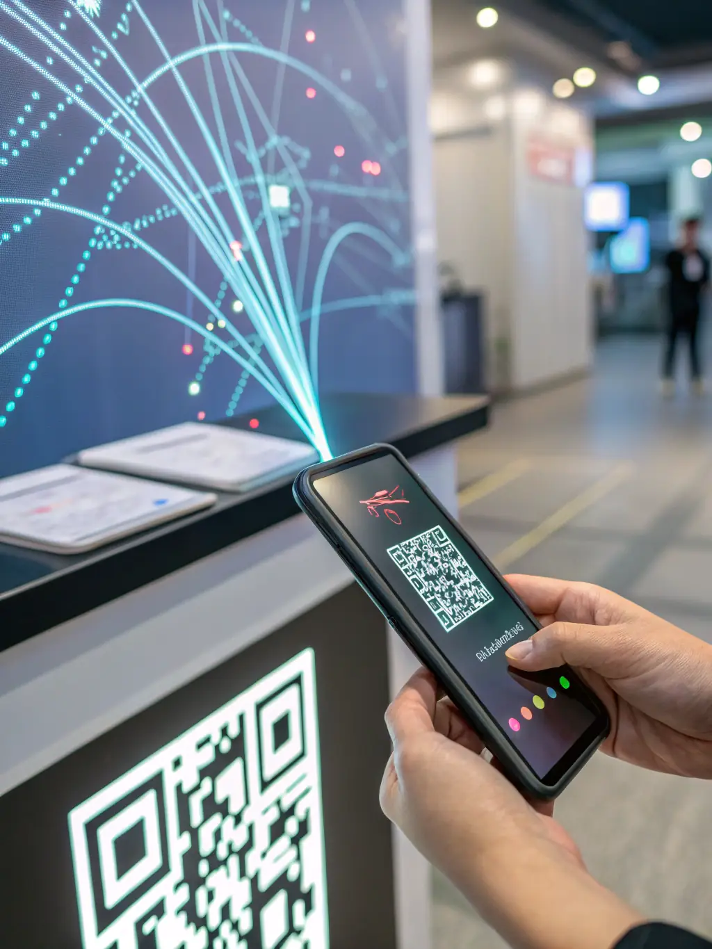 A photograph of a QR code being scanned, linking to the event's digital program and schedule.